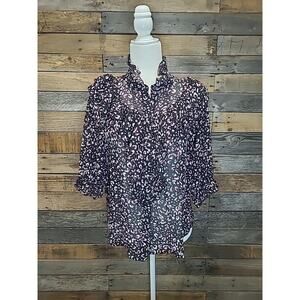 The Shirt by Rochelle Behrens Black Pink Leopard Ruffle Puff Button Shirt L